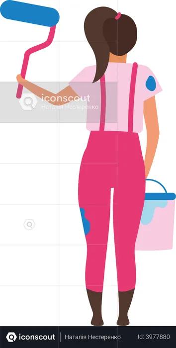 Girl standing backward holding paint roller and bucket  Illustration