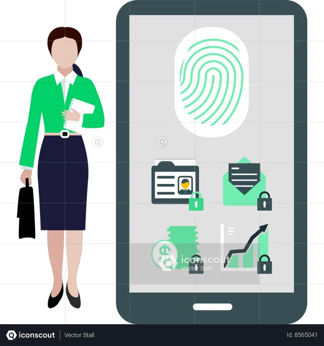 Girl standing beside biometric lock phone  Illustration