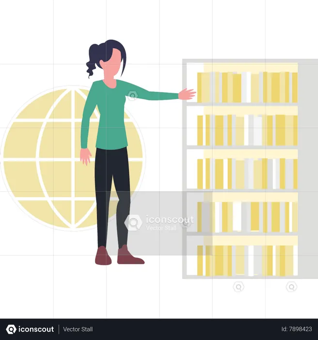 Girl standing by book rack  Illustration