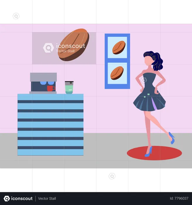 Girl standing by coffee counter  Illustration
