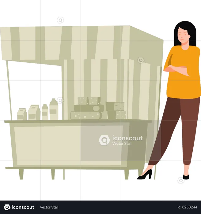 Girl standing by grocery stall  Illustration