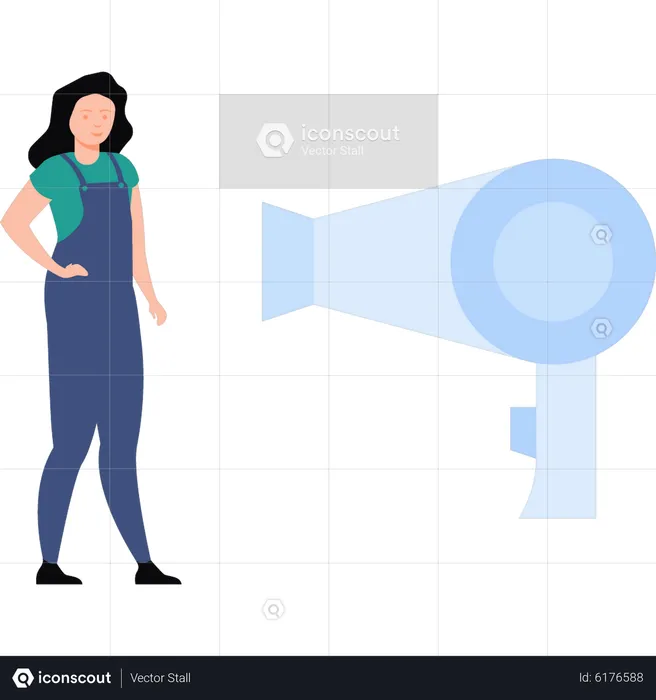 Girl standing by hair dryer  Illustration