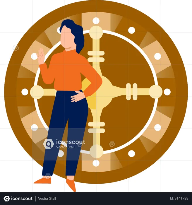 Girl standing in front of casino roulette wheel  Illustration