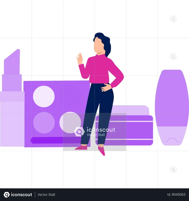 Girl standing in front of eye shadow products  Illustration