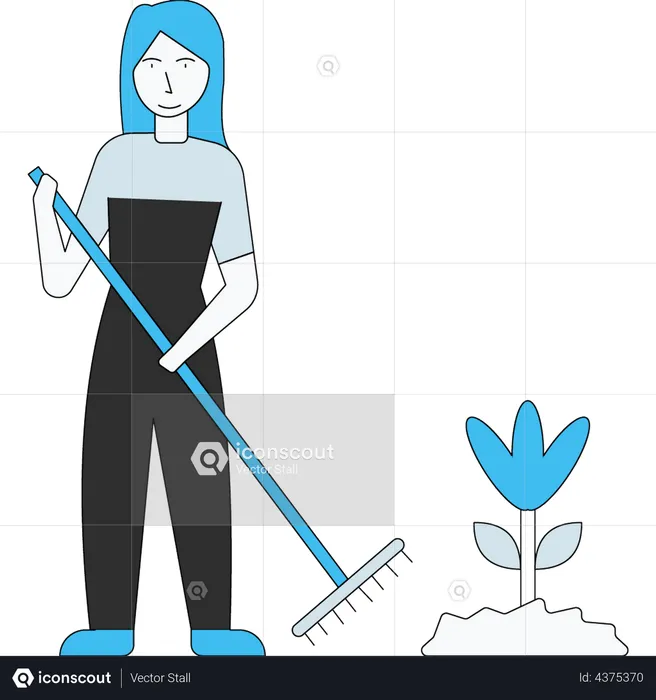 Girl standing in garden with fork  Illustration
