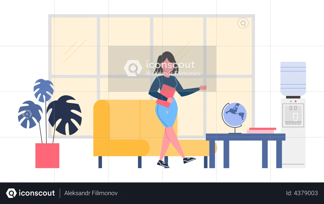 Girl standing in Travel agency waiting area  Illustration