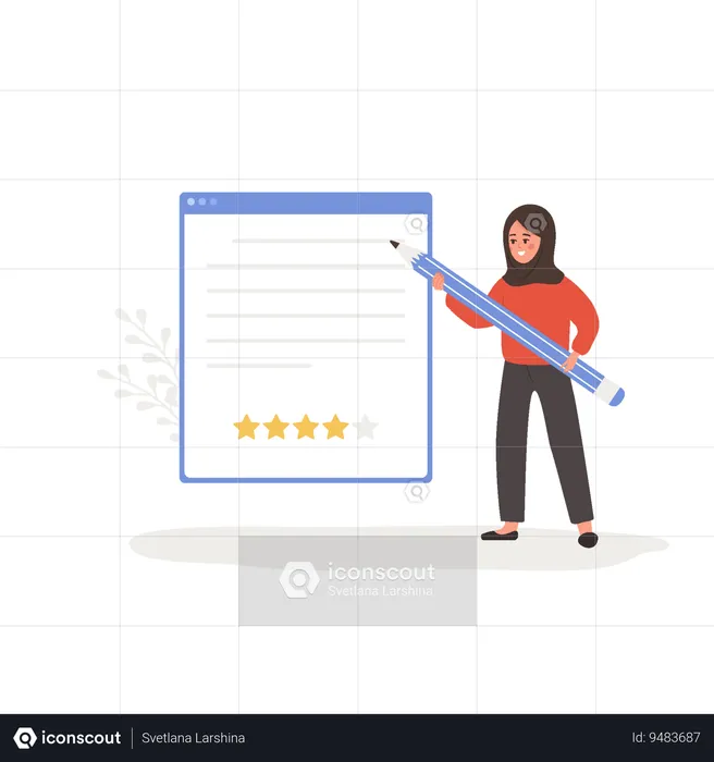 Girl standing near big dialog window in application with feedback  Illustration