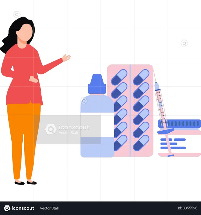 Girl standing near bunch of medicines  Illustration