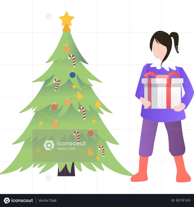 Girl standing near Christmas tree with gift  Illustration