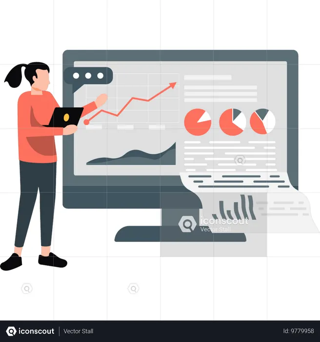 Girl standing near graph chart  Illustration