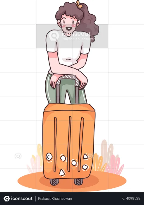 Girl standing near suitcase  Illustration