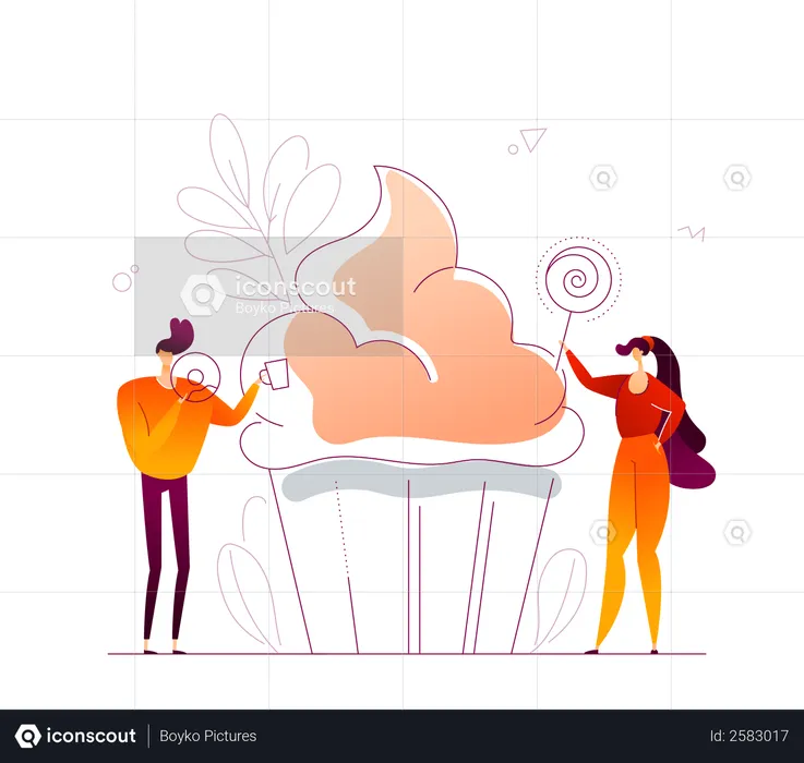 Girl standing near sweet dish  Illustration