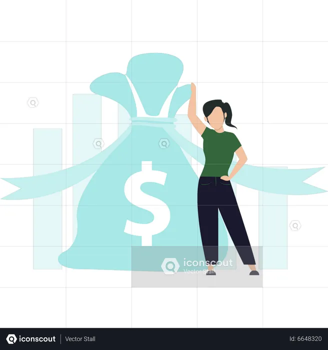 Girl standing next to bag of money  Illustration