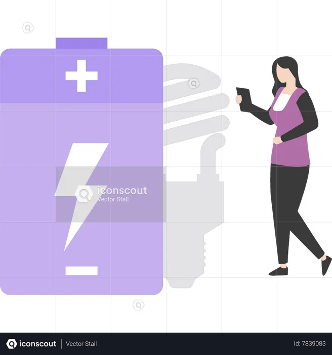 Girl standing next to battery  Illustration