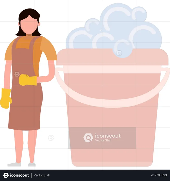 Girl standing next to bucket  Illustration