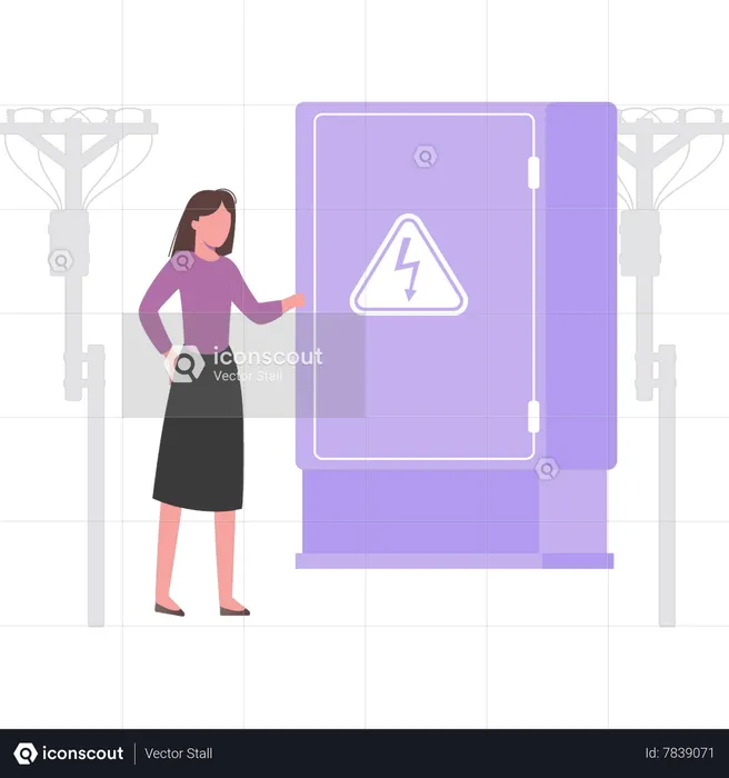 Girl standing next to circuit breaker  Illustration