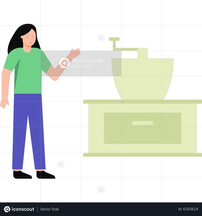 Girl standing next to coffee grinder  Illustration