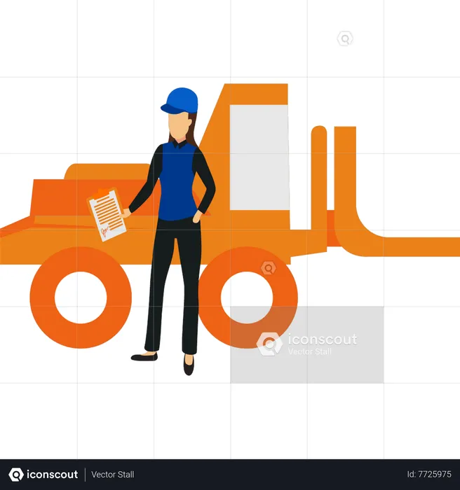 Girl standing next to construction transport  Illustration