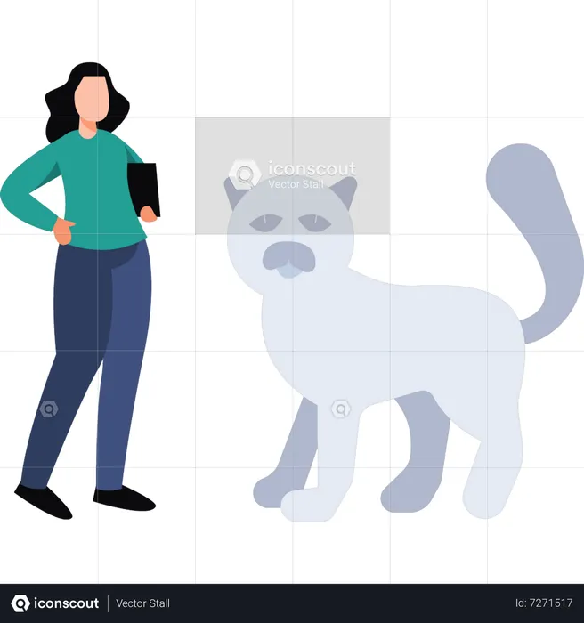 Girl standing next to dog holding tab  Illustration