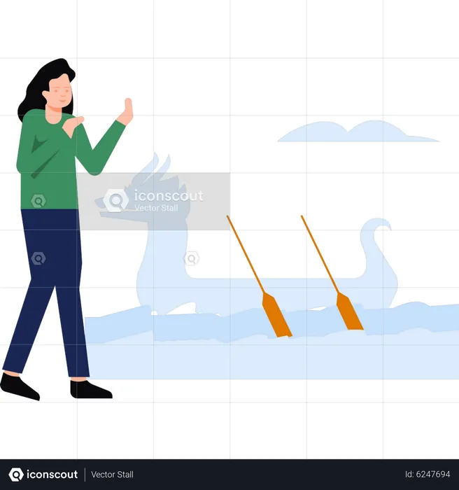 Girl standing next to dragon boat  Illustration