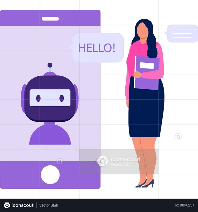 Girl standing next to mobile phone  Illustration