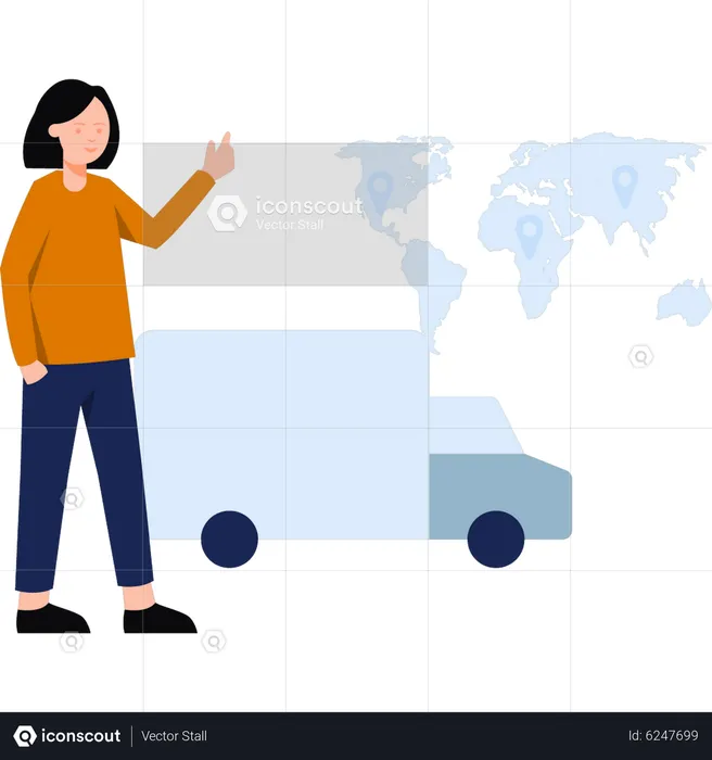 Girl standing next to shipping truck  Illustration