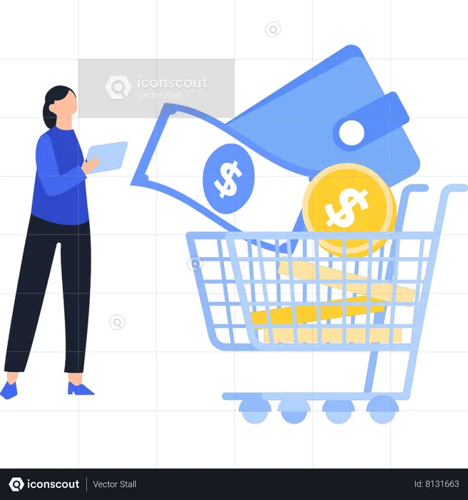 Girl Standing Next To Shopping Trolley  Illustration