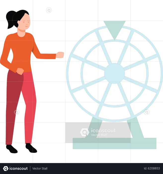 Girl standing next to spin board  Illustration