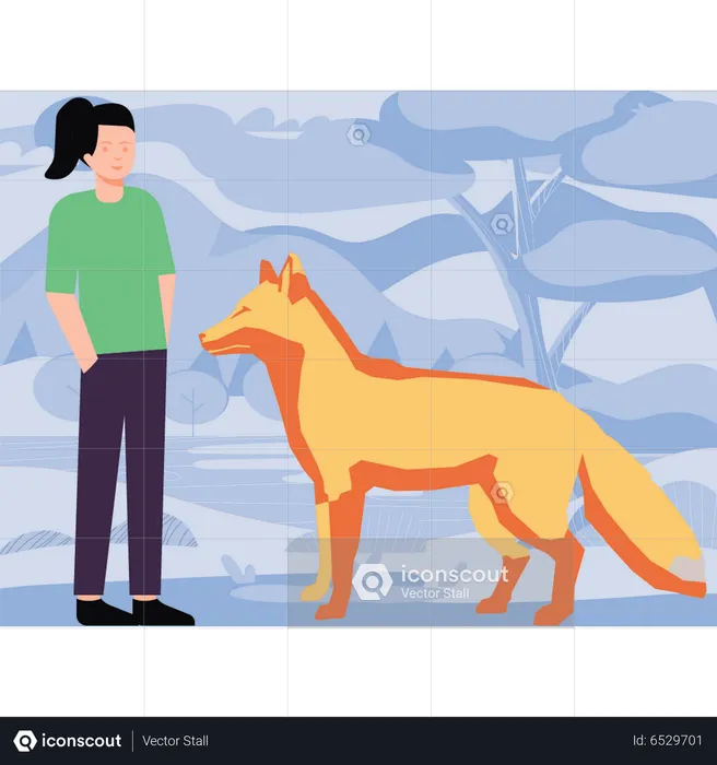 Girl standing next to the fox  Illustration