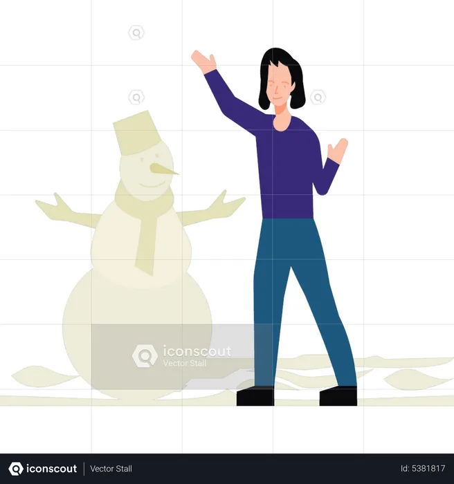 Girl standing next to the snowman  Illustration