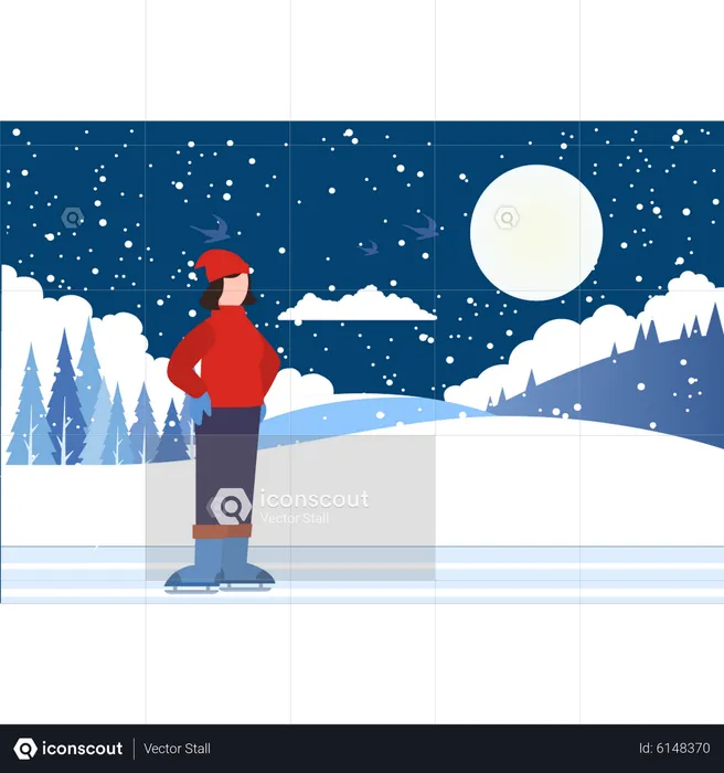 Girl standing on ice skating place  Illustration
