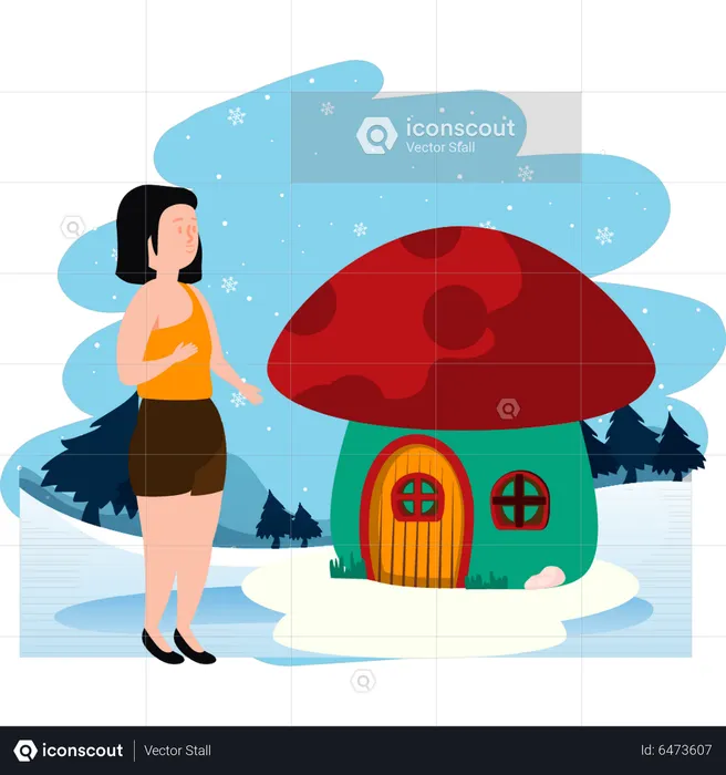 Girl standing outside mushroom house  Illustration