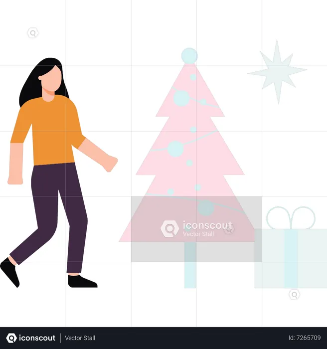 Girl standing with Christmas tree and gift  Illustration