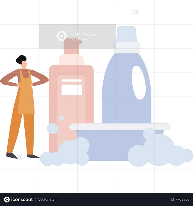 Girl standing with cleaning products  Illustration