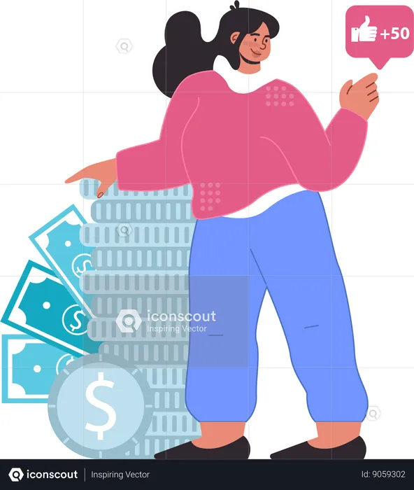 Girl standing with money stack  Illustration