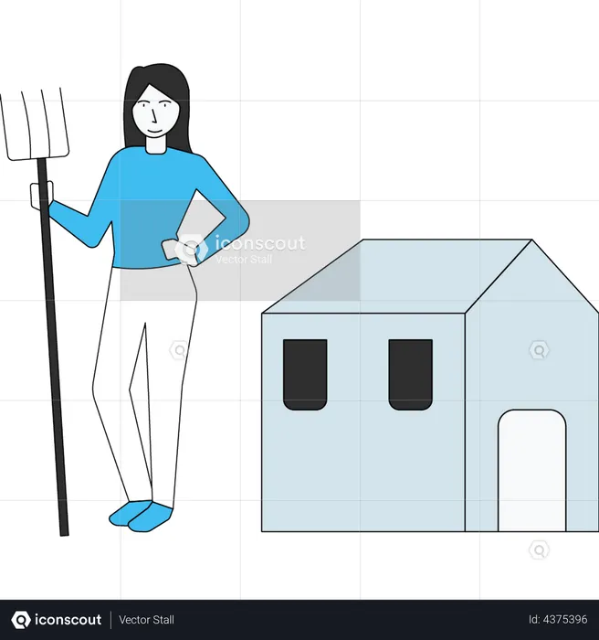 Girl standing with pitchfork near the farmhouse  Illustration