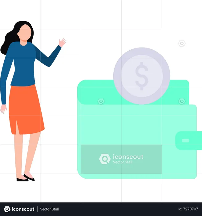 Girl standing with purse of dollars  Illustration