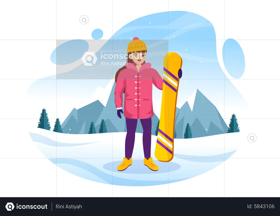 Girl Standing with Snowboard  Illustration