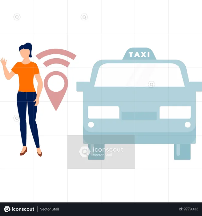 Girl standing with taxi location pin  Illustration