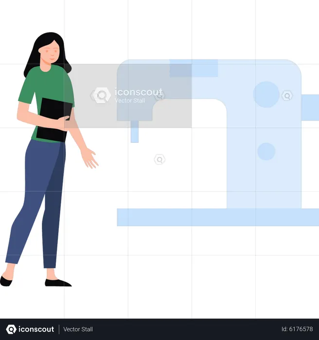 Girl stands by sewing machine  Illustration