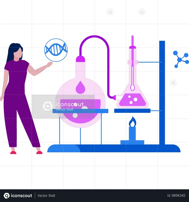 Girl stands by the burner stand in science lab  Illustration