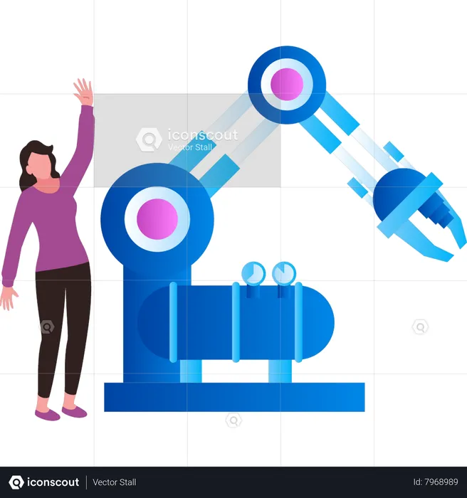 Girl stands next to a robotic machine  Illustration