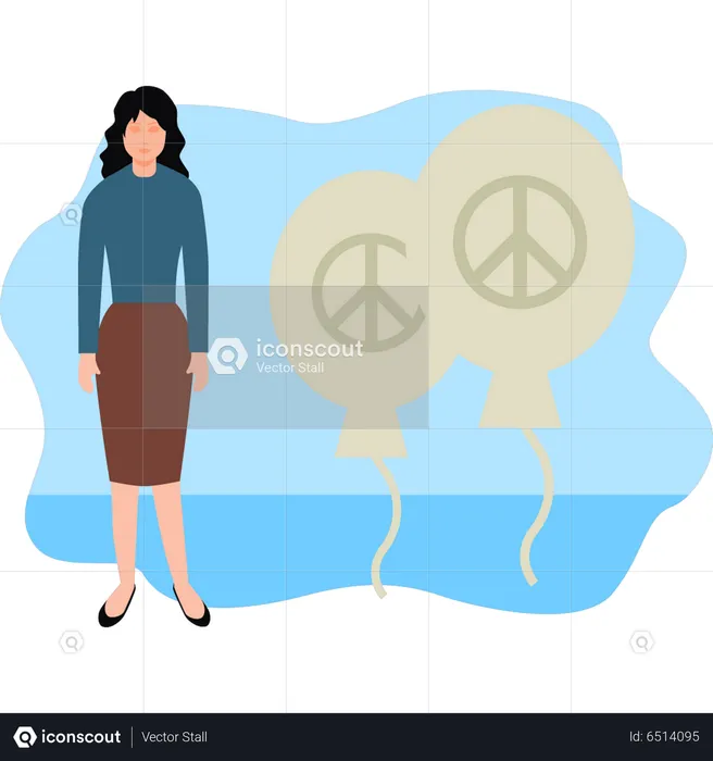 Girl stands next to peace balloon  Illustration