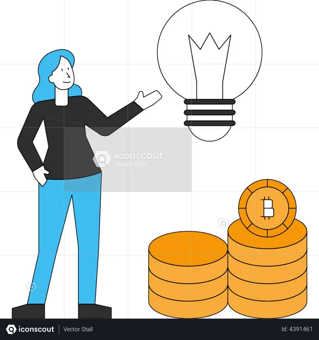 Girl stands with the idea of ​​a bitcoin  Illustration