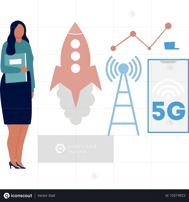 5G 인터넷 도입을 시작하는 소녀  일러스트레이션