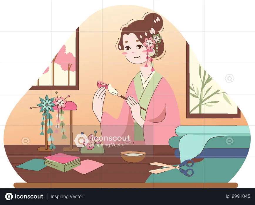Girl sticking flower  Illustration