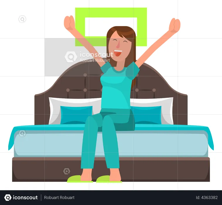 Girl stretching after sleep in bedroom  Illustration