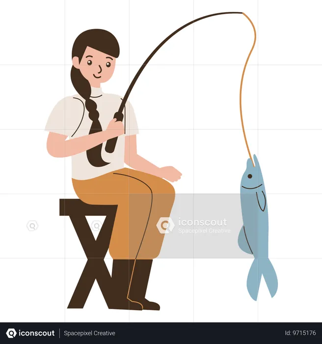 Girl strike fishing  Illustration