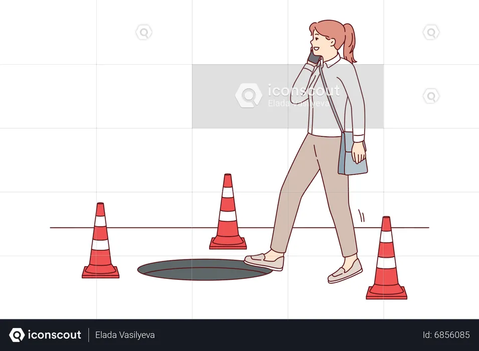 Girl strolling in construction zone while talking on her phone  Illustration