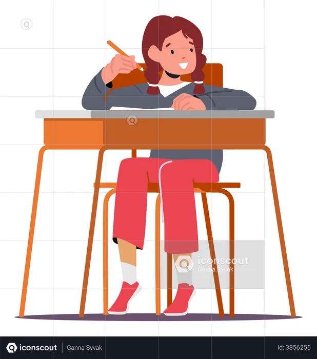 Girl Student Sitting On School Bench  Illustration